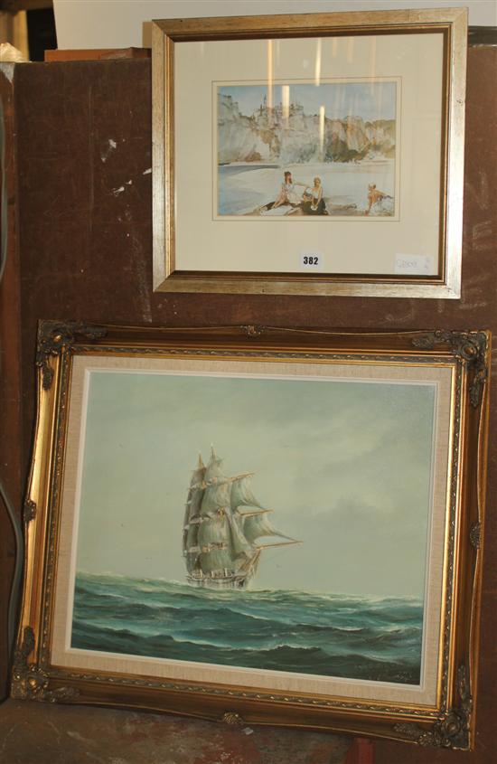 Oil of boat & Russell Flint print